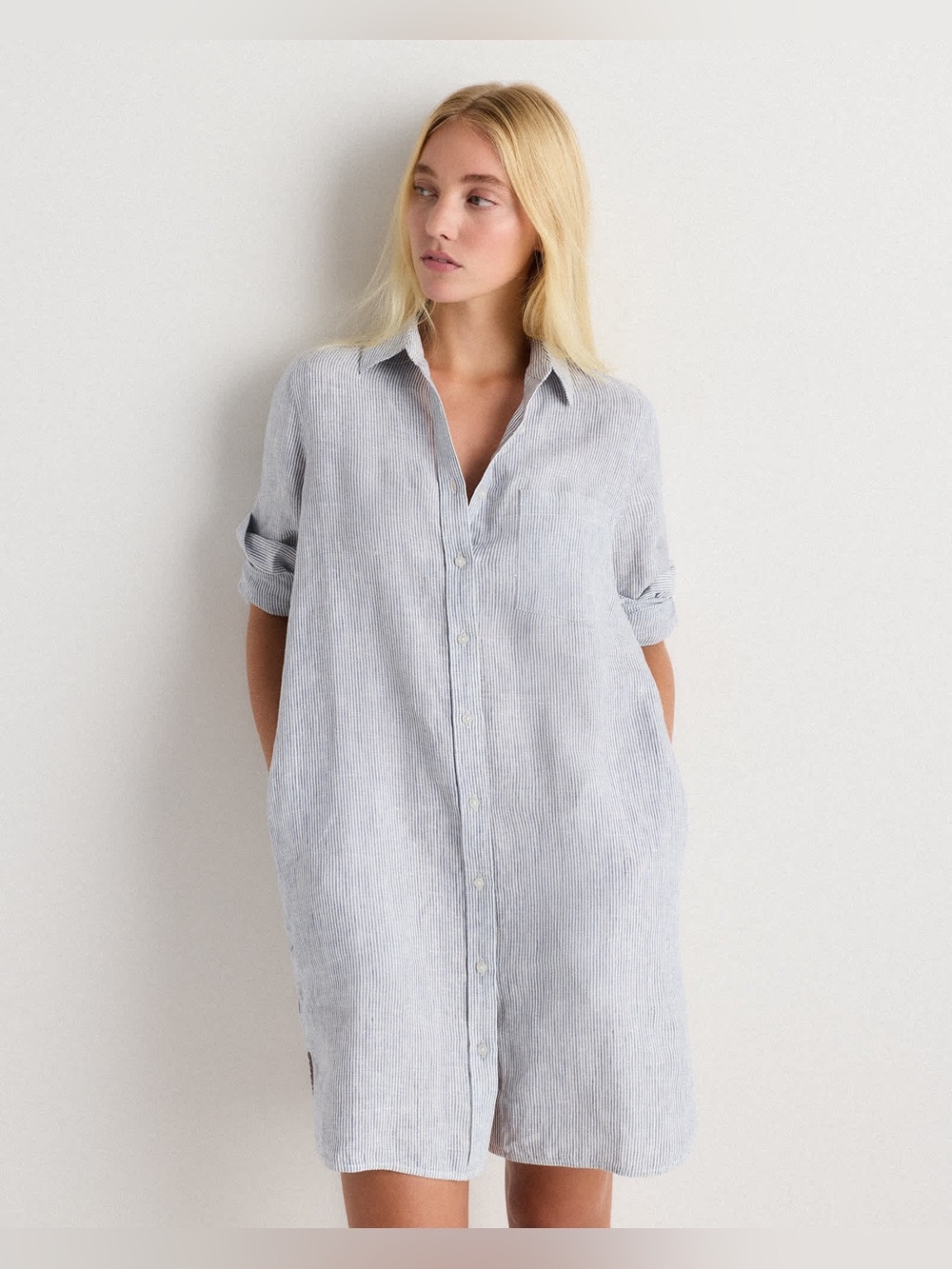 QUINCE  100% European Linen Shirt Dress in Blue Pinstripe